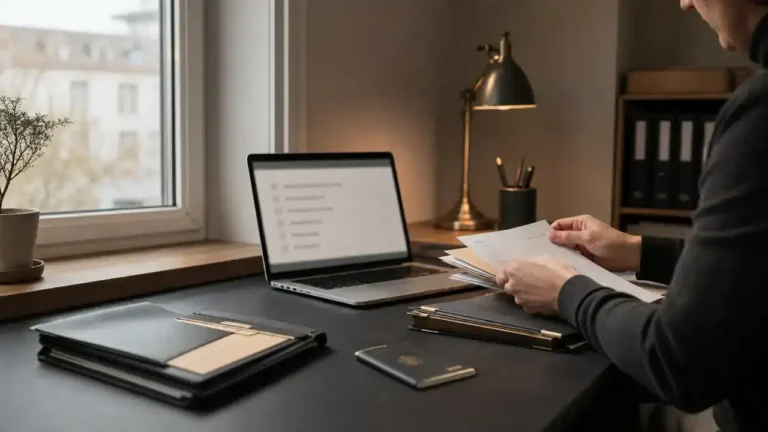 Person sorting papers at a desk with a laptop and passport, checking an Express Entry incomplete application