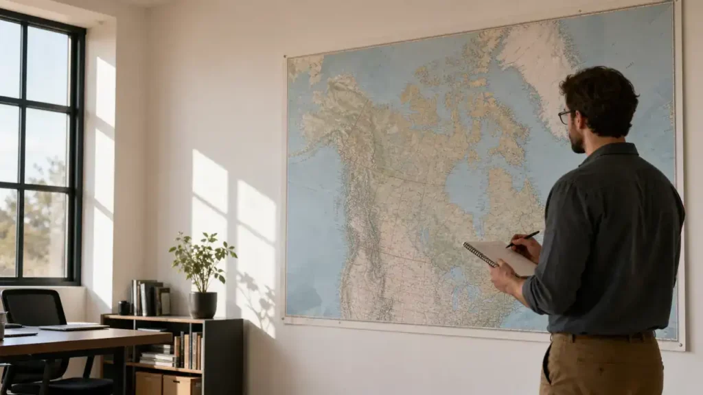 Person planning Express Entry steps in front of a map of Canada