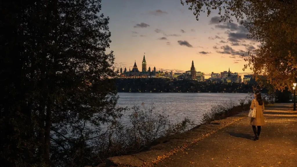 French Express Entry draw: woman on the Ottawa riverfront at dusk