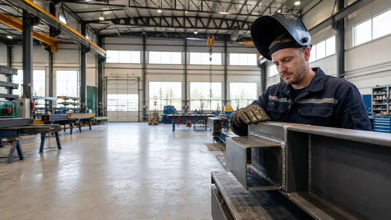 Express Entry trades draw: welder inspecting a weld in a fabrication shop