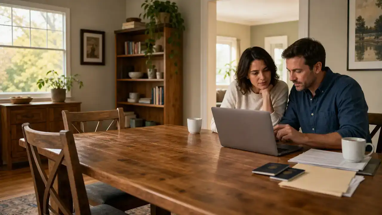 Couple preparing Express Entry documents at a dining table for the Federal Skilled Worker Program