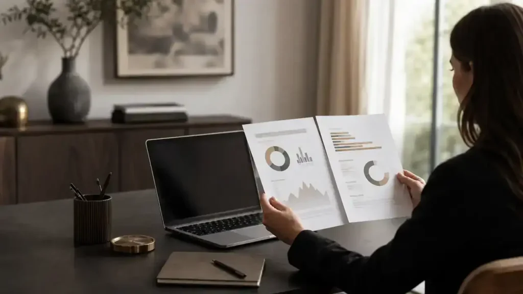 Person holding two printed ICAS assessment reports at a desk