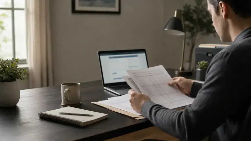 Person reviewing printed transcripts before an IQAS ECA application