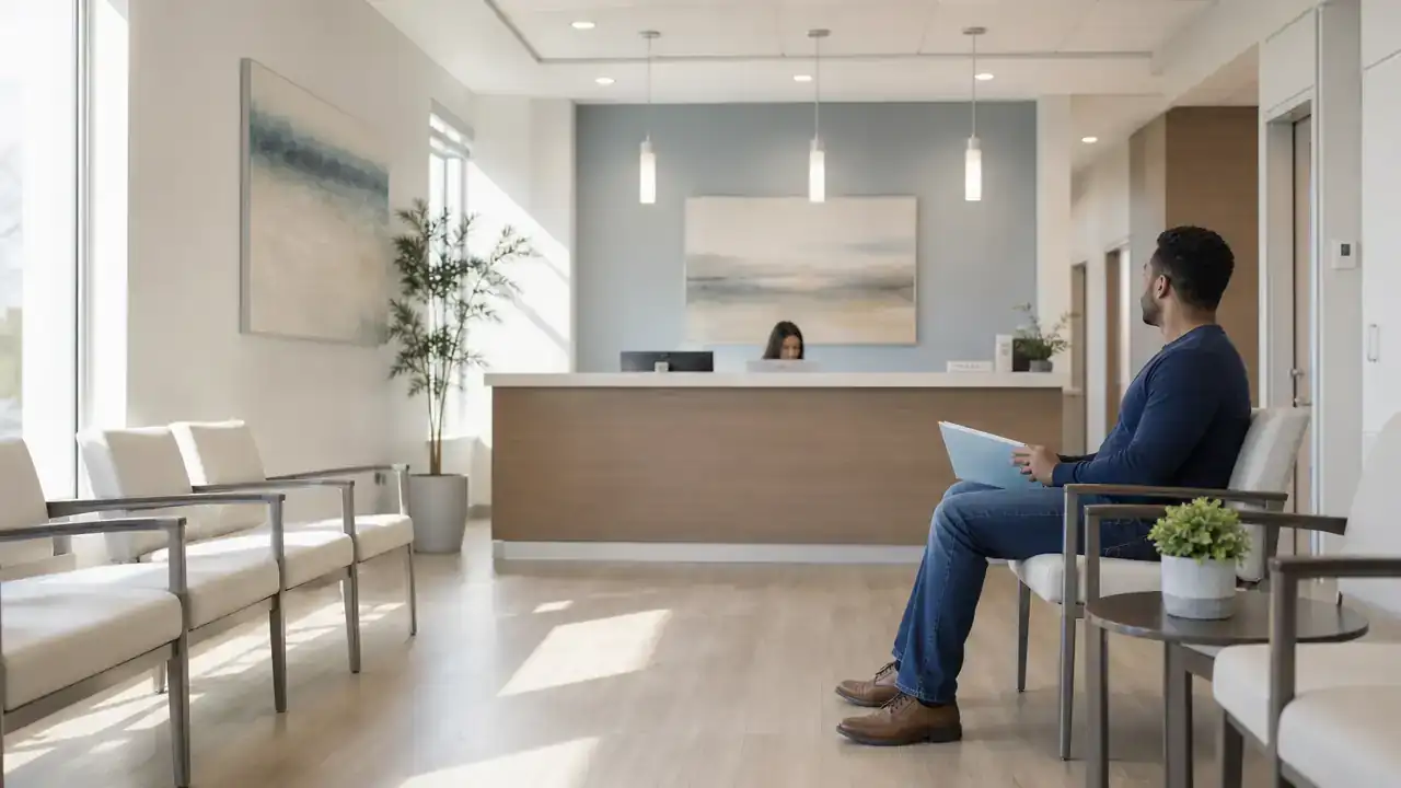 Waiting room at a clinic for the Express Entry medical exam