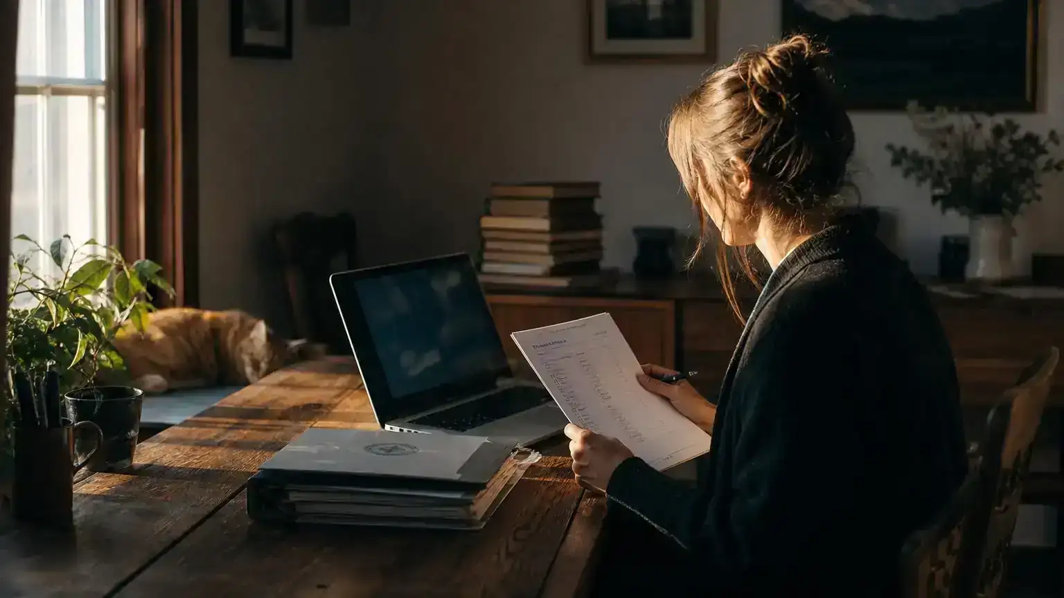 Person reviewing a checklist beside a folder of certified family records