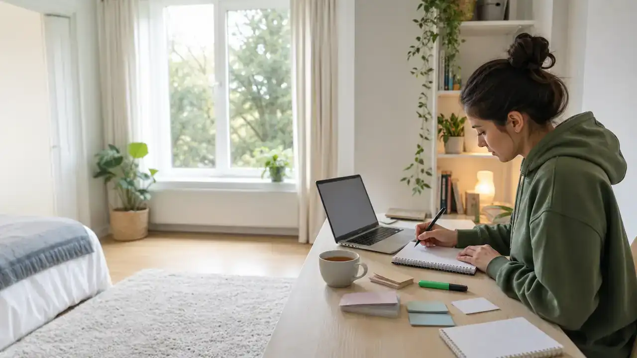 Person preparing for a language test at a home desk