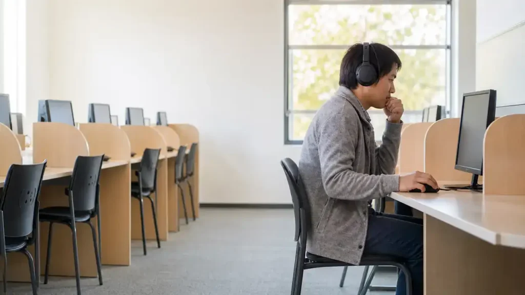 Adult taking a computer-based language test for Canadian immigration
