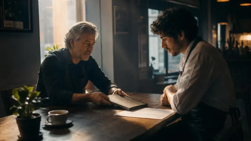 Employer handing an LMIA job offer folder to a new worker
