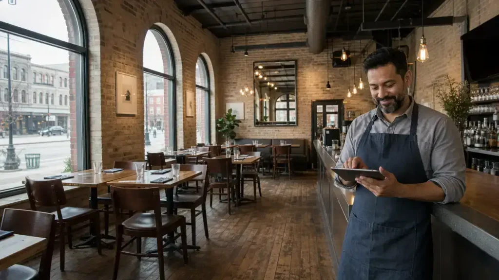 Business owner in a Winnipeg Exchange District cafe considering the Manitoba Business Investor Stream