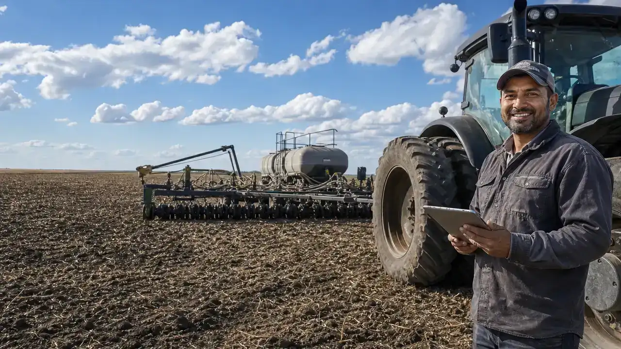 Manitoba farmer with a tractor and seeding drill after the Farm Investor Pathway