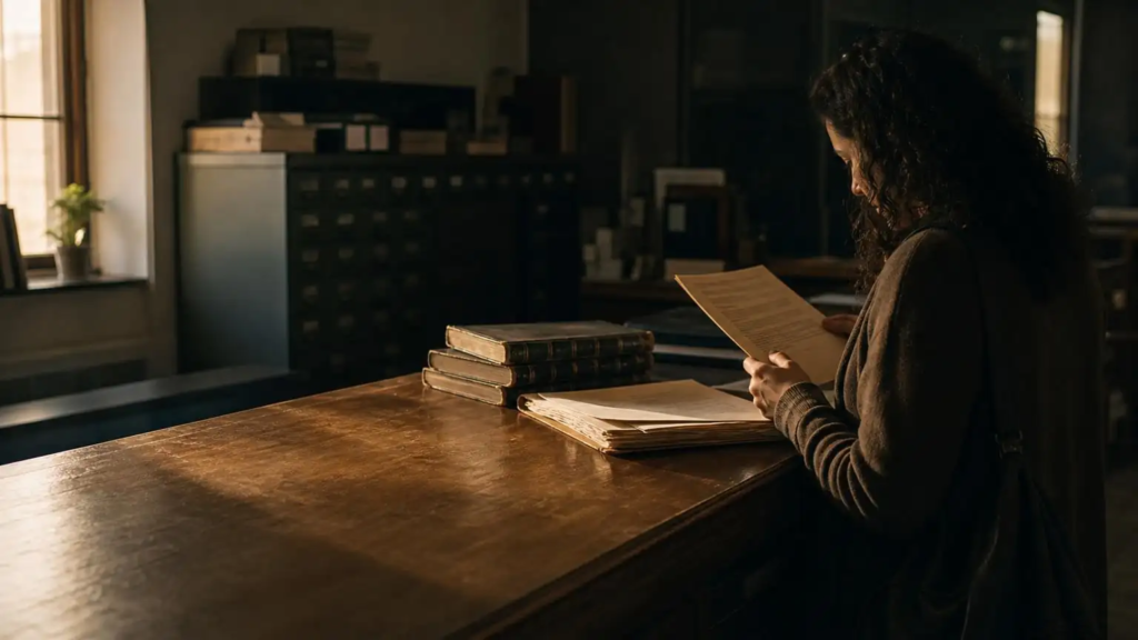 Person reviewing Manitoba records at a records office counter