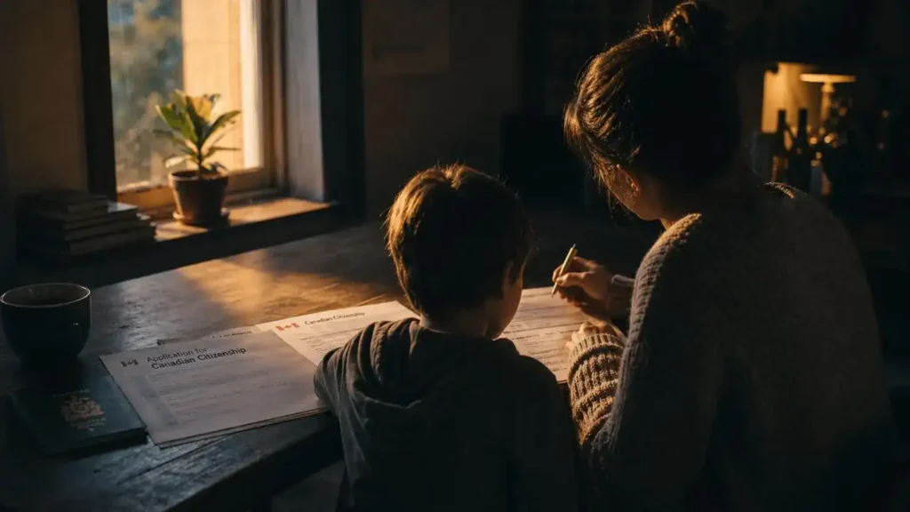 Parent helping a child complete a Canadian citizenship application