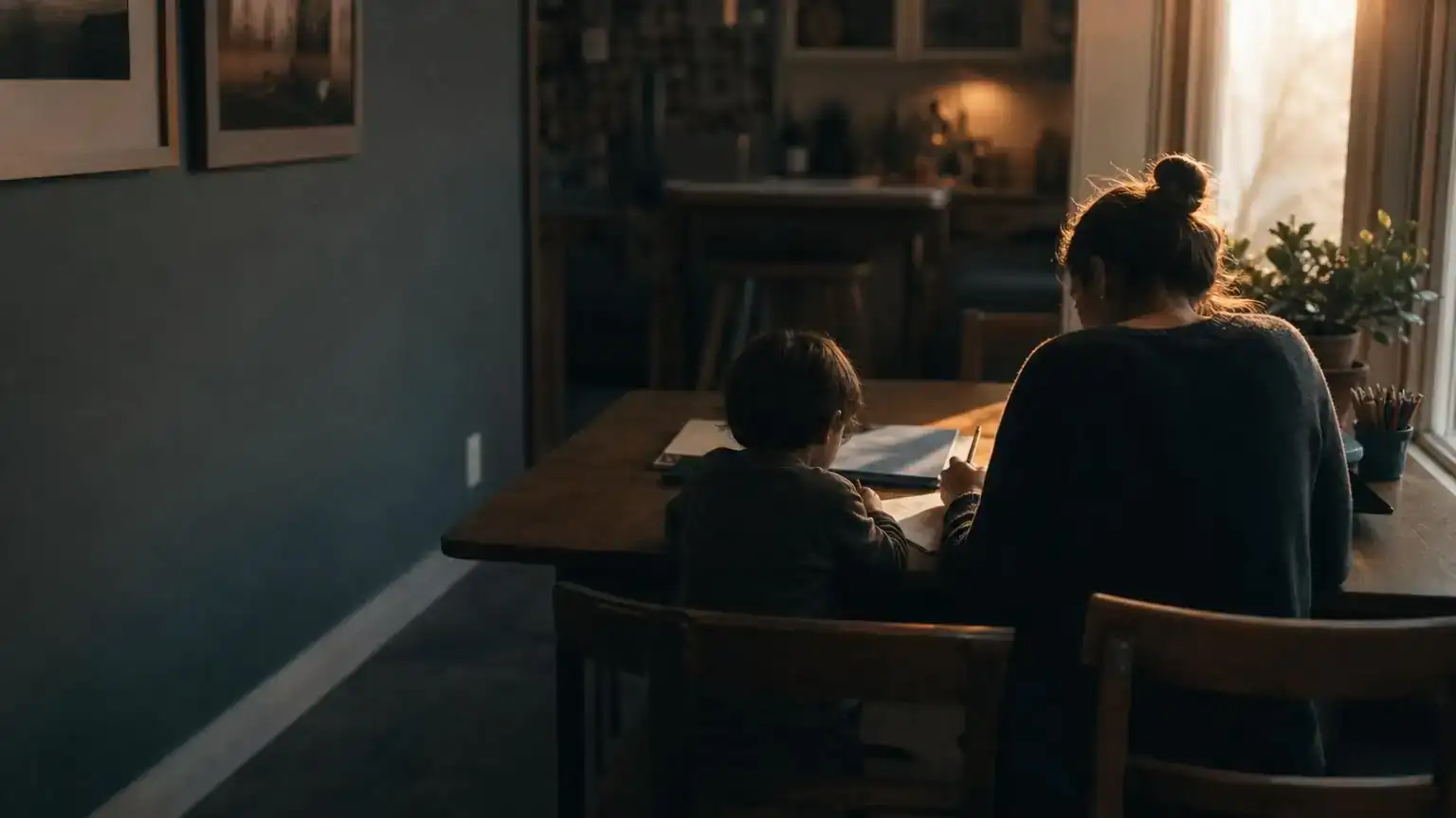 Parent completing a citizenship form beside a child