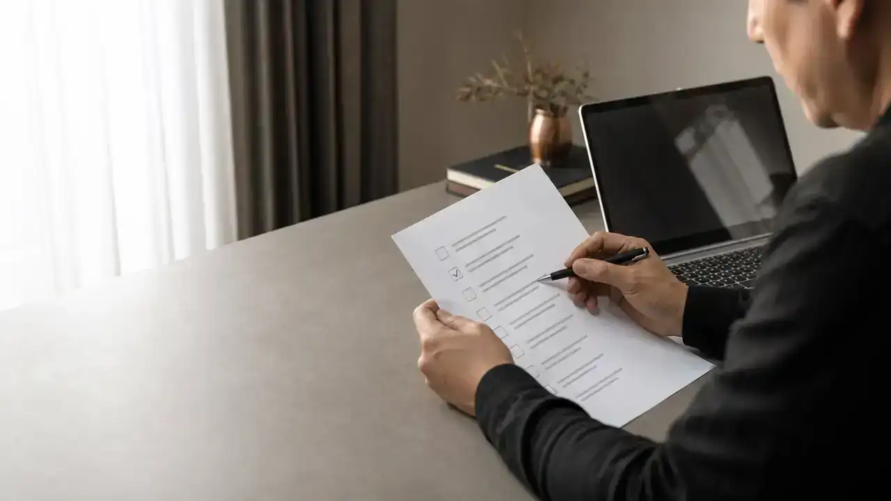 Person ticking MPNP scoring factors on a printed list