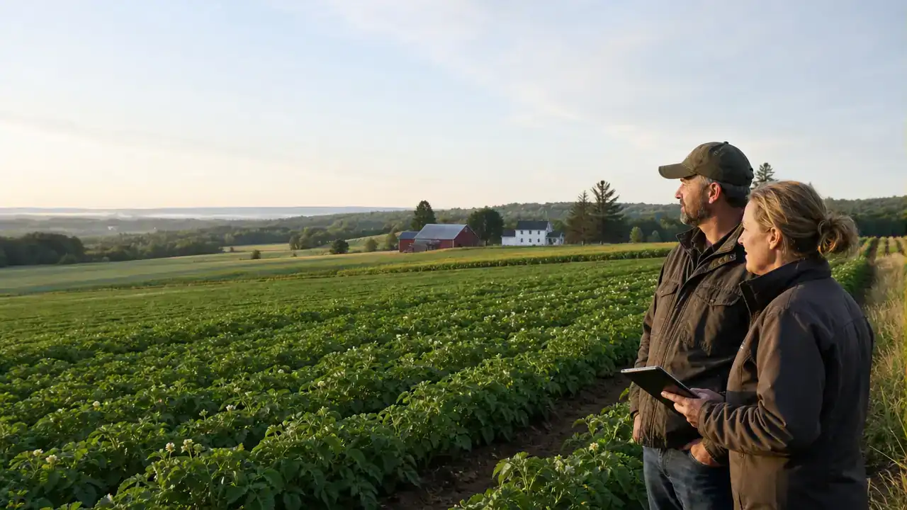 Farm couple reviewing their potato field near Woodstock New Brunswick under the farming route