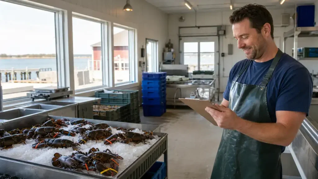 Seafood business owner checking an order at a Shediac New Brunswick wharf under the Business Immigration Stream