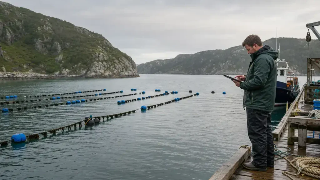 Aquaculture business owner checking a tablet at a Newfoundland mussel farm under the International Entrepreneur category