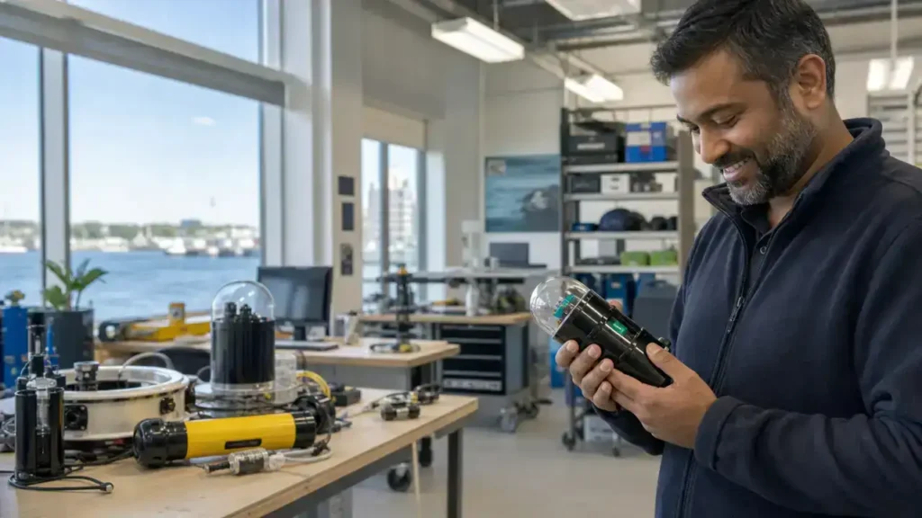Ocean technology business owner in a Dartmouth Nova Scotia workshop under the Entrepreneur Stream