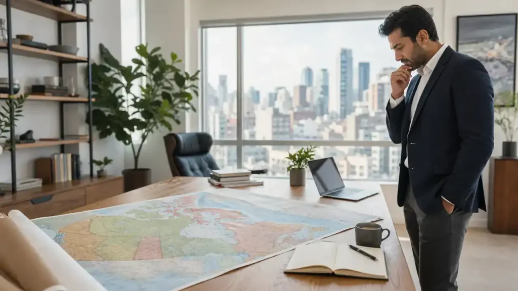 Entrepreneur comparing Canadian provinces on a map after the OINP Entrepreneur Stream closed
