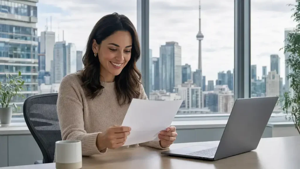 Ontario REDI initiative: woman reading an Ontario job offer at an office desk