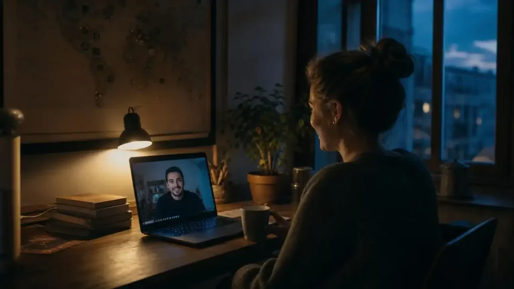 Woman on a video call with her partner abroad while planning outland sponsorship