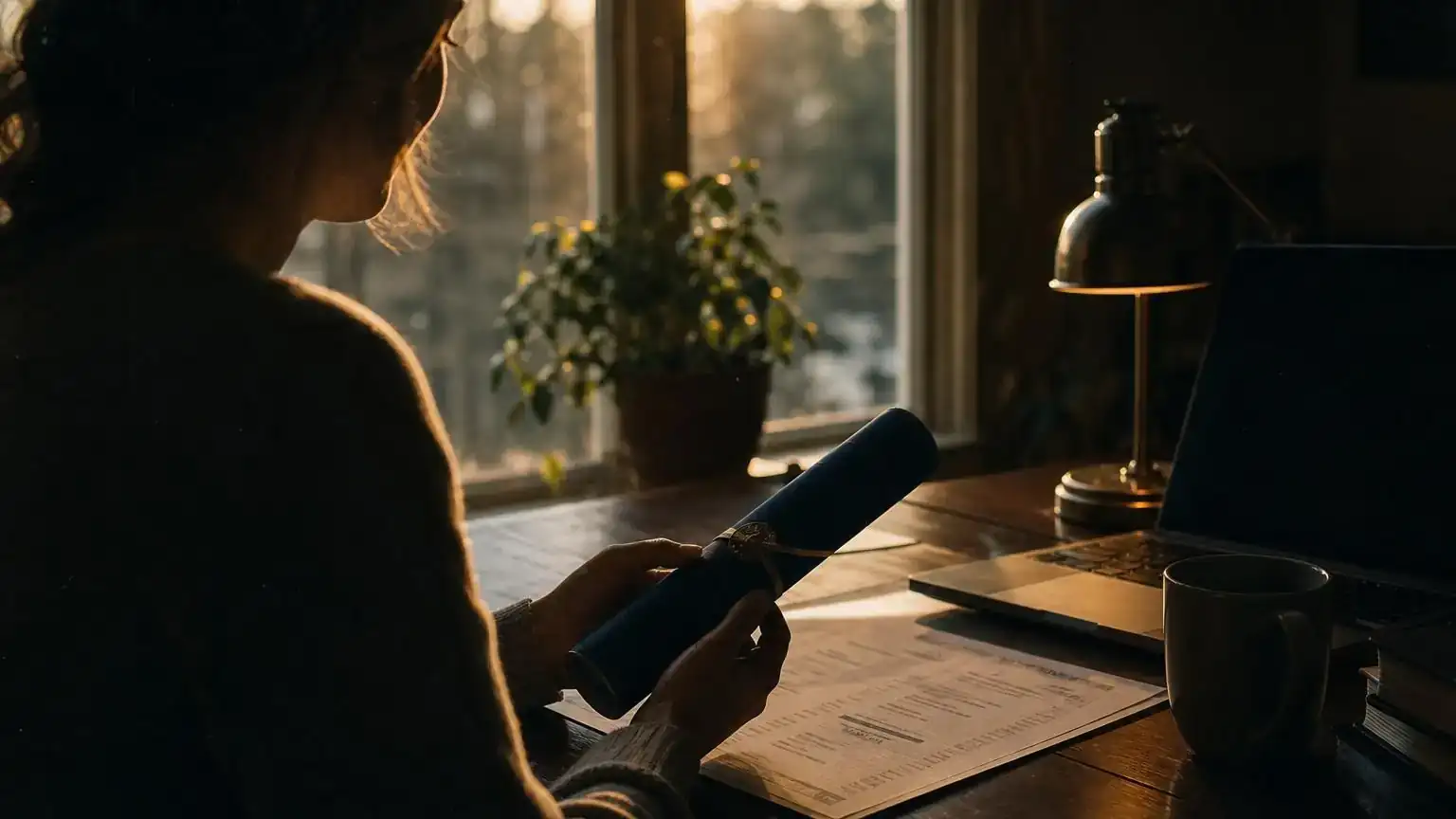 Graduate reviewing transcripts and a diploma before applying for a PGWP