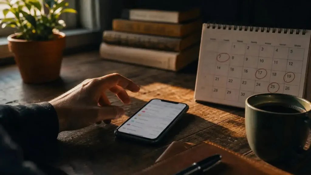 Phone and calendar on a desk while checking family sponsorship processing times