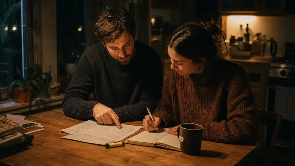 Couple highlighting a refusal letter to plan their appeal