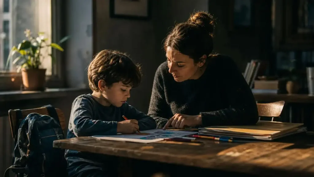 Parent and young child with papers while sponsoring a child to Canada