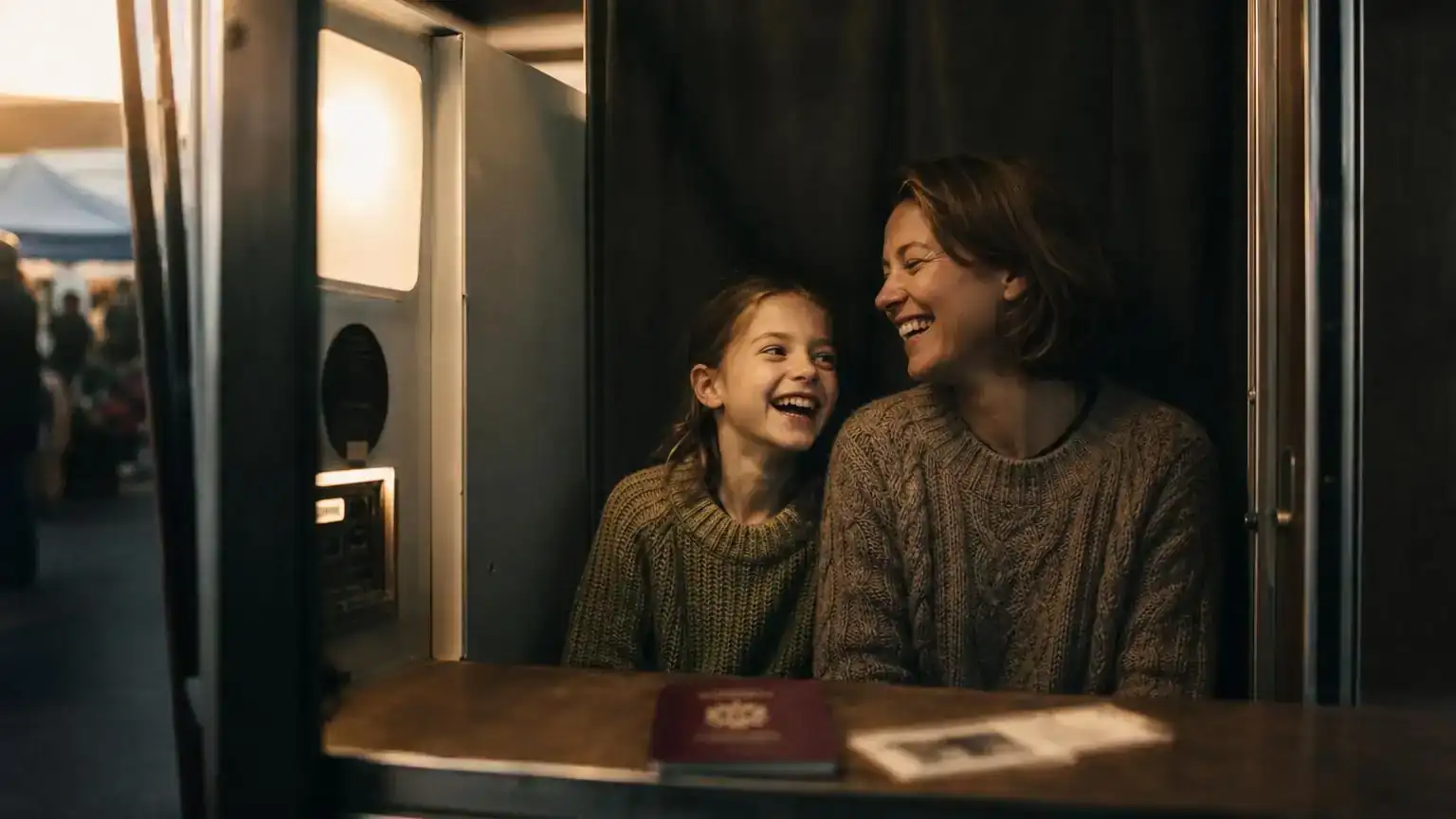 Woman and girl laughing in a passport photo booth while sponsoring a relative