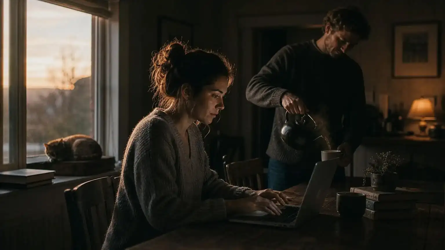 Woman completing a spousal open work permit application at home