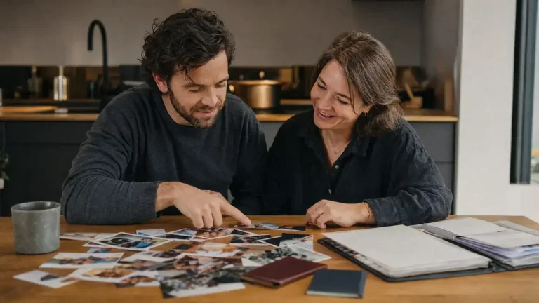 Couple sorting relationship photos to prepare for spousal sponsorship interview questions