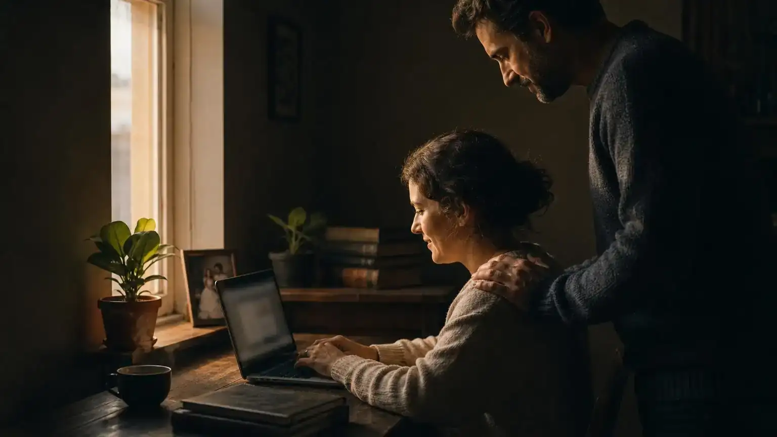 Wife completing a spousal sponsorship application with her husband