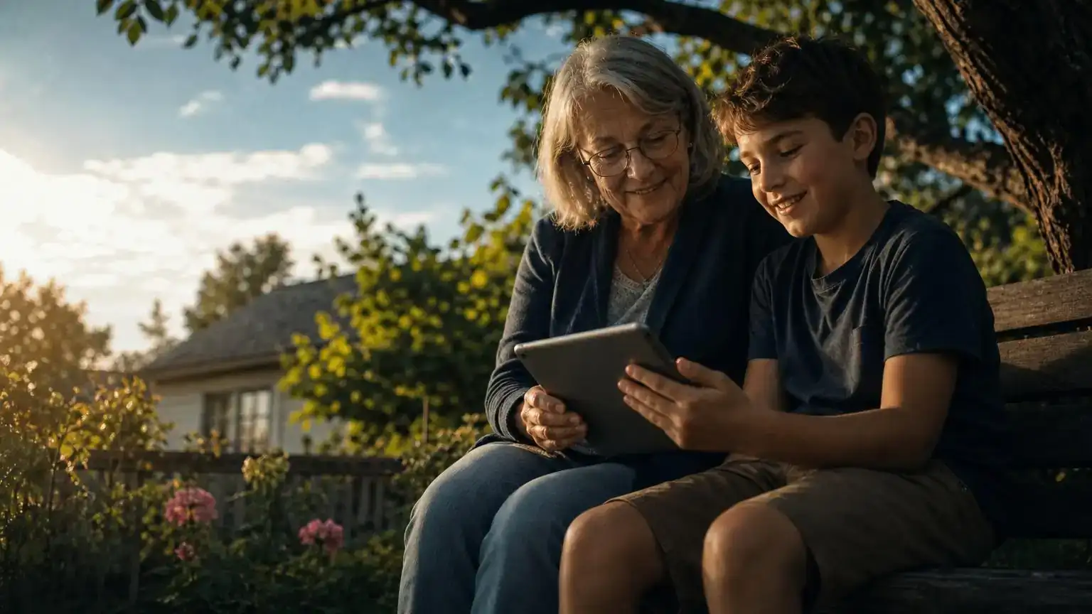 Grandmother and grandson on a garden bench during a long family stay after a super visa extension in Canada