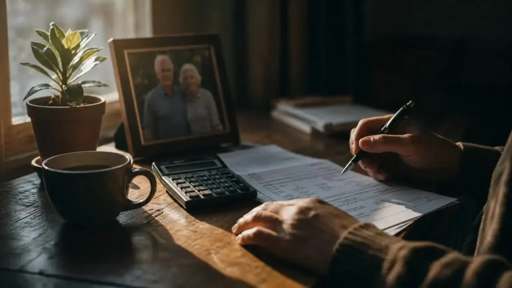 Hands checking a notice of assessment beside a calculator for a Super Visa