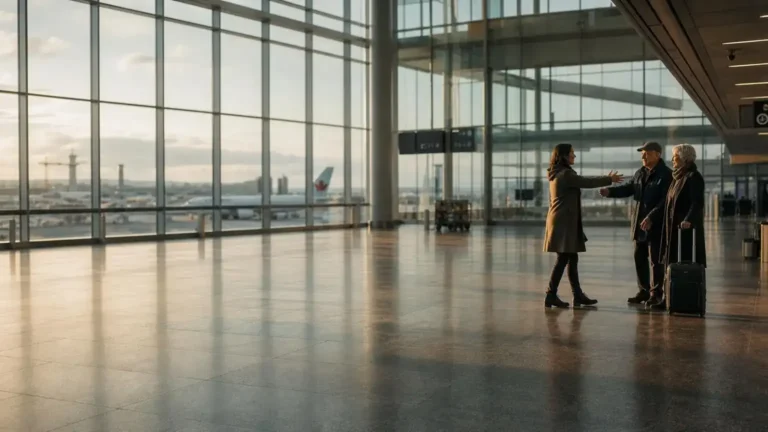 Parents arriving at a Canadian airport and greeted by their daughter, after meeting super visa medical insurance requirements